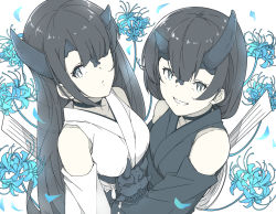 Rule 34 | 2girls, abyssal ship, asymmetrical horns, black choker, black hair, black horns, black kimono, blue flower, blue spider lily, breasts, choker, detached sleeves, flower, grin, hair over one eye, horns, japanese clothes, kantai collection, kimono, long hair, looking at viewer, medium breasts, multiple girls, night strait princess (black), night strait princess (white), ninimo nimo, pale skin, parted lips, petals, short hair, simple background, smile, spider lily, upper body, white kimono
