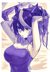 Rule 34 | 1girl, absurdres, animal ears, armpits, arms behind head, arms up, bare arms, bare shoulders, blush, breasts, closed mouth, commentary request, hair between eyes, hair tie, hair tie in mouth, hands in hair, highres, horse ears, large breasts, monochrome, mouth hold, multicolored hair, one-piece swimsuit, purple theme, solo, streaked hair, swimsuit, symboli rudolf (umamusume), umamusume, umeumeduka, upper body