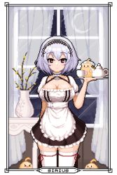 Rule 34 | 1girl, apron, azur lane, breasts, brown dress, character name, cleavage, dress, frilled apron, frills, holding, holding tray, indoors, large breasts, light purple hair, looking at viewer, maid headdress, manjuu (azur lane), night, pixel art, puffy short sleeves, puffy sleeves, red eyes, redforge, short sleeves, sirius (azur lane), solo, standing, star (sky), thighhighs, tray, white apron, white thighhighs, zettai ryouiki