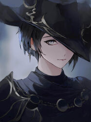 Rule 34 | 1girl, absurdres, androgynous, armor, black hair, black hat, ear piercing, earrings, final fantasy, final fantasy xiv, grey background, grey eyes, hat, hat over one eye, highres, jewelry, looking at viewer, lrena, one eye covered, pauldrons, piercing, portrait, reverse trap, short hair, shoulder armor, smile, solo, tricorne, zero (ff14)