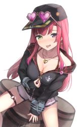 Rule 34 | 1girl, akira tooru, anchor print, barrel, baseball cap, bikini, bikini under clothes, black hat, blush, breasts, closed mouth, commentary, earrings, eyewear on head, hair down, hat, heart, heart-shaped eyewear, heart earrings, heart necklace, heterochromia, highres, hololive, houshou marine, houshou marine (summer), jacket, jewelry, long hair, long sleeves, looking at viewer, medium breasts, necklace, o-ring, o-ring thigh strap, off shoulder, official alternate costume, open mouth, print jacket, red eyes, red hair, revision, short shorts, shorts, simple background, sitting, sleeves past wrists, smile, solo, spread legs, swimsuit, thigh strap, tongue, tongue out, very long hair, virtual youtuber, white background, white shorts, yellow eyes, zipper pull tab