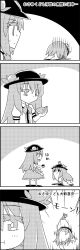 Rule 34 | 4koma, :i, arms up, collared shirt, comic, commentary request, dorayaki, emphasis lines, food, food in mouth, fruit, giving, gloom (expression), greyscale, hair between eyes, hat, hat ornament, highres, hinanawi tenshi, holding, holding food, horns, ibuki suika, kneeling, leaf, long hair, mini person, minigirl, monochrome, motion lines, on head, peach, person on head, pout, shirt, short sleeves, sidelocks, skirt, smile, sweat, tani takeshi, touhou, translation request, wagashi, yukkuri shiteitte ne