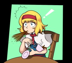 Rule 34 | !, 1girl, alice margatroid, blonde hair, blue dress, blue eyes, capelet, chair, constricted pupils, cup, dress, dropping, giantcavemushroom, green background, hairband, medium hair, necktie, red hairband, red necktie, saucer, simple background, sitting, solo, spitting, surprised, table, tea, teacup, touhou, transparent background, two-tone background, upper body, wide-eyed