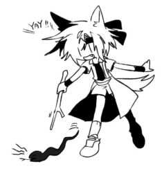Rule 34 | 1other, androgynous, animal ears, animalization, coat, commentary, dog ears, dog tail, english text, fang, greyscale, headband, holding, holding stick, kurohebi, len&#039;en, ling s, monochrome, no nose, open clothes, open coat, open mouth, other focus, shorts, simple background, smile, snake, socks, stick, symbol-only commentary, tail, white background, wristband