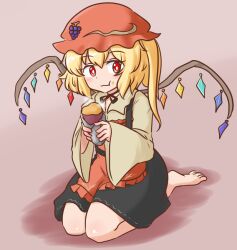 Rule 34 | 1girl, aki minoriko, aki minoriko (cosplay), barefoot, black skirt, blonde hair, brown background, closed mouth, commentary request, commission, cosplay, crystal wings, eating, flandre scarlet, food, fruit, full body, grapes, hat, holding, holding food, kneeling, looking at viewer, mizusoba, mob cap, red eyes, red hat, simple background, sitting, skeb commission, skirt, solo, touhou