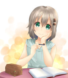Rule 34 | 10s, 1girl, blush, book, brown hair, closed mouth, collarbone, green eyes, hair ornament, hairclip, highres, hood, hoodie, looking at viewer, open book, pdnt, short hair, sleeveless, smile, solo, yama no susume, yukimura aoi