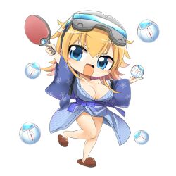 Rule 34 | 1girl, ball, blonde hair, blue eyes, blue kimono, blush stickers, breasts, brown footwear, character request, chibi, cleavage, commentary request, flipped hair, full body, goggles, goggles on head, holding, holding paddle, hop step jumpers, japanese clothes, kimono, large breasts, lets0020, looking at viewer, medium bangs, medium hair, open mouth, paddle, simple background, slippers, smile, solo, standing, standing on one leg, table tennis ball, table tennis paddle, transparent background, yukata