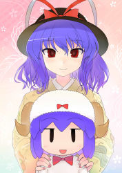 Rule 34 | 10s, 2015, 2girls, :d, animal costume, blue hair, bow, bowtie, chibi, dual persona, ebizome, hands on another&#039;s shoulders, hat, hat ribbon, height difference, highres, horns, japanese clothes, kimono, multiple girls, nagae iku, nail polish, new year, open mouth, red eyes, ribbon, sheep costume, sheep horns, smile, touhou, | |