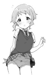 Rule 34 | belly, blush, bow, bow panties, breasts, clothes lift, embarrassed, flying sweatdrops, greyscale, idolmaster, idolmaster million live!, looking at viewer, makabe mizuki, minazuki tooru, monochrome, necktie, open mouth, panties, pantyshot, shirt, short hair, short sleeves, sidelocks, skirt, skirt lift, small breasts, solo, thighs, underwear, vest lift, white background