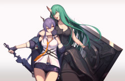 Rule 34 | 2girls, :d, arknights, bare shoulders, black gloves, black shirt, blue jacket, breasts, ch&#039;en (arknights), chinese commentary, cleavage, commentary request, cowboy shot, dragon horns, fingerless gloves, gloves, green hair, grey background, hair between eyes, hand up, hannya (arknights), highres, horns, hoshiguma (arknights), jacket, long hair, looking at another, medium breasts, multiple girls, navel, necktie, off shoulder, open clothes, open jacket, open mouth, orange neckwear, purple hair, red eyes, scabbard, sheath, sheathed, shield, shirt, short shorts, shorts, simple background, single horn, sleeveless, sleeveless shirt, smile, standing, sword, tenshin kagehisa, thighs, v-shaped eyebrows, weapon, white shirt, yellow eyes