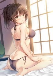 Rule 34 | 10s, 1girl, alternate costume, arched back, ass, bare arms, bare legs, bare shoulders, bed sheet, bikini, blue bikini, breasts, dutch angle, feet, from behind, hair between eyes, kaga (kancolle), kantai collection, light smile, lips, looking at viewer, medium breasts, midriff, side-tie bikini bottom, side ponytail, sideboob, solo, swimsuit, window, xe (execut3r)