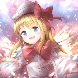 Rule 34 | 1girl, :d, bad id, bad twitter id, blonde hair, blue eyes, blush, bow, bowtie, capelet, hair bow, hat, large bow, lily white, long hair, long sleeves, looking at viewer, minust, open mouth, smile, solo, touhou, wide sleeves