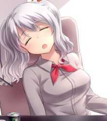 Rule 34 | 10s, 1girl, blouse, closed eyes, grey shirt, kantai collection, kashima (kancolle), neit ni sei, open mouth, shirt, silver hair, sitting, sleeping, solo, twintails