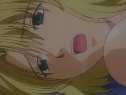 Rule 34 | 1girl, animated, animated gif, blonde hair, collarbone, drooling, female focus, green eyes, head tilt, implied sex, looking at viewer, luv wave, lying, mikogami mamoru, moaning, nose, nude, on back, open mouth, pink pineapple, rape, saliva, short hair, solo, tagme, teeth