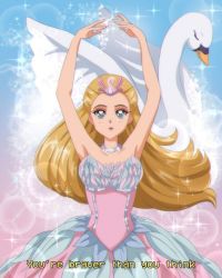 Rule 34 | 1990s (style), 1girl, :o, animal, animification, armpits, arms up, ballerina, ballet, barbie (character), barbie (franchise), barbie movies, barbie of swan lake, bird, blonde hair, blue eyes, brenni murasaki, caption, corset, dress, eyebrows, eyelashes, feather dress, feather skirt, feathers, female focus, jewelry, lips, long hair, looking at viewer, necklace, odette (barbie), odette (swan lake), parted lips, pastel colors, retro artstyle, solo, sparkle background, swan, swan lake, tiara, tutu, upper body