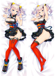 Rule 34 | 1girl, armpits, bare shoulders, black dress, blue eyes, blunt bangs, blush, breasts, claw pose, cleavage, cleavage cutout, clothing cutout, d-pad, d-pad hair ornament, dakimakura (medium), dress, grey hair, grin, hair ornament, hairclip, high collar, high tops, hip vent, japanese clothes, kaguya luna, kimono, large breasts, layered skirt, long hair, looking at viewer, lying, moeanime, multiple views, obi, open mouth, red thighhighs, ribbon, sash, shoes, short dress, short kimono, skirt, sleeveless, sleeveless dress, smile, sneakers, the moon studio, thighhighs, twintails, virtual youtuber, wrist ribbon, zettai ryouiki