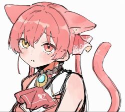 Rule 34 | 1girl, animal ears, ascot, blush, brooch, cat ears, cat girl, cat tail, commentary, embarrassed, heterochromia, highres, hololive, houshou marine, houshou marine (1st costume), jewelry, long hair, looking at viewer, ohagi 0909, parted lips, red ascot, red eyes, red hair, sketch, solo, tail, tearing up, twintails, upper body, virtual youtuber, yellow eyes
