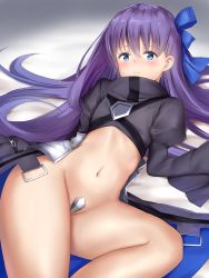 Rule 34 | 10s, 1girl, black coat, blue eyes, blue ribbon, blush, bottomless, closed mouth, coat, cowboy shot, crotch plate, fate/extra, fate/extra ccc, fate (series), frown, groin, hair ribbon, highres, long hair, long sleeves, looking at viewer, lying, maosame, meltryllis (fate), navel, on back, open clothes, open coat, puffy sleeves, purple hair, revealing clothes, ribbon, solo, stomach, thighs, very long hair, wide sleeves