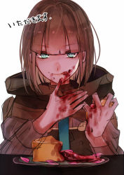 Rule 34 | 1boy, brown hair, brown hood, closed mouth, eating, food, food on face, green eyes, gretel (sinoalice), highres, holding, holding food, licking, licking lips, long sleeves, looking at viewer, pie, plate, short hair, simple background, sinoalice, tongue, tongue out, towada-san (thank39), v-shaped eyebrows, white background