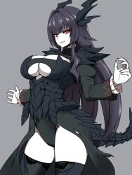 Rule 34 | 1girl, alduin, black coat, black footwear, black hair, black horns, black leotard, breasts, claw pose, clothing cutout, coat, cowboy shot, dragon girl, dragon horns, dragon tail, genderswap, genderswap (mtf), grey background, grin, groin, hands up, highres, horns, lace, lace-trimmed legwear, lace trim, large breasts, leotard, long hair, long sleeves, looking at viewer, monster girl, okamura (okamura086), open mouth, personification, red eyes, sharp teeth, sidelocks, simple background, slit pupils, smile, solo, spikes, tail, teeth, the elder scrolls, the elder scrolls v: skyrim, tsurime, underboob, underboob cutout