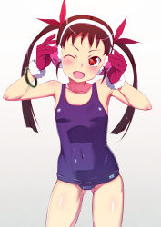 Rule 34 | 1girl, bangle, bare shoulders, black hair, blue one-piece swimsuit, blush, bracelet, cowboy shot, earmuffs, flat chest, fur trim, gloves, gradient background, hachikuji mayoi, hair ribbon, highres, jewelry, long hair, looking at viewer, monogatari (series), old school swimsuit, one-piece swimsuit, one eye closed, open mouth, red eyes, red gloves, ribbon, school swimsuit, shiny skin, smile, solo, swimsuit, tanabe kyou, twintails