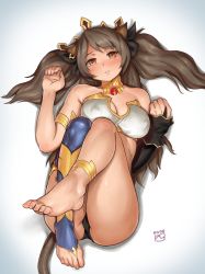 Rule 34 | 1girl, anklet, arknights, armlet, bandeau, barefoot, black hair, black ribbon, blush, breasts, brown eyes, cat tail, cleavage, commentary request, cosplay, detached sleeves, fate (series), finalcake, hair ribbon, hands up, head tilt, ishtar (fate), ishtar (fate) (cosplay), jewelry, long hair, looking at viewer, lying, medium breasts, on back, parted lips, ribbon, single thighhigh, skyfire (arknights), solo, strapless, tail, thighhighs, thighs, tiara, two side up, voice actor connection