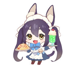 Rule 34 | 1girl, :3, :d, animal ear fluff, animal ears, apron, black hair, blue bow, blue dress, boots, bow, brown eyes, brown footwear, cat ears, cat girl, cat tail, cherry, chibi, dress, fang, food, fruit, full body, hair between eyes, hair bow, highres, holding, holding plate, ice cream, ice cream float, long hair, long sleeves, maid, maid apron, maid headdress, omelet, omurice, open mouth, original, plate, simple background, smile, solo, standing, tail, thick eyebrows, tsumetsume zerii, twintails, very long hair, white apron, white background, white bow