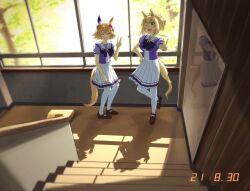 Rule 34 | 2girls, ^ ^, animal ears, blonde hair, blush, bow, bowtie, breasts, brown footwear, closed eyes, clover hair ornament, full-length mirror, hair ornament, highres, horse ears, horse girl, horse tail, indoors, inuyama tarou, matikanefukukitaru (umamusume), medium breasts, mirror, multiple girls, one eye closed, open mouth, orange hair, outstretched arm, ponytail, reaching, reaching towards viewer, reflection, sailor collar, school uniform, segment display, shadow, shoes, short hair, short sleeves, skirt, small breasts, smile, stairs, standing, standing on one leg, star (symbol), star hair ornament, taiki shuttle (umamusume), tail, thighhighs, timestamp, tracen school uniform, umamusume, v, white skirt, white thighhighs, window