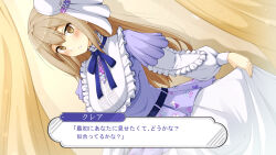 Rule 34 | 1girl, aobara hairi, bib, blue ribbon, blush, brown eyes, commentary request, double-parted bangs, dress, dutch angle, embarrassed, highres, layered dress, layered sleeves, light brown hair, long hair, long sleeves, looking at viewer, neck ribbon, nijisanji, official alternate costume, puffy long sleeves, puffy sleeves, purple dress, ribbon, short over long sleeves, short sleeves, sister claire, sister claire (10th costume), skirt hold, solo, straight hair, tilted headwear, translation request, virtual youtuber, white headwear