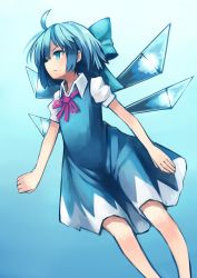 Rule 34 | 1girl, blue background, blue hair, bow, cirno, dress, frown, hair bow, ice, ice wings, kaneni, short hair, solo, standing, touhou, wings