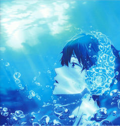Rule 34 | 10s, 1boy, absurdres, album cover, black hair, bubble, cleaned, cover, free!, from side, highres, huge filesize, male focus, monochrome, nanase haruka (free!), ocean, official art, open mouth, short hair, solo, submerged, underwater, water