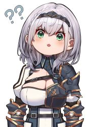 Rule 34 | 1girl, ?, ??, armor, belt, blush, braid, breasts, cleavage, commentary request, french braid, gold trim, green eyes, hair between eyes, highres, hololive, large breasts, looking at viewer, medium hair, mikan (chipstar182), mole, mole on breast, shirogane noel, shirogane noel (1st costume), silver hair, simple background, solo, upper body, virtual youtuber, white background