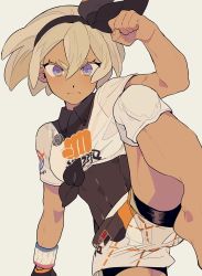 Rule 34 | 1girl, bea (pokemon), black bodysuit, black hairband, blonde hair, bodysuit, bodysuit under clothes, bow hairband, clenched hand, closed mouth, collared shirt, creatures (company), dark-skinned female, dark skin, dynamax band, eyelashes, game freak, gloves, gym leader, hair between eyes, hairband, highres, knee pads, leg up, looking at viewer, ninonuko, nintendo, pokemon, pokemon swsh, print shirt, print shorts, purple eyes, shirt, short hair, short sleeves, shorts, single glove, solo, tied shirt, white background