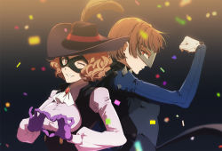Rule 34 | 2girls, back-to-back, black headwear, braid, brown feathers, brown hair, collared shirt, crown braid, dress shirt, feathers, from side, gloves, grin, hat, hat feather, heart, heart hands, looking at viewer, mask, multiple girls, niijima makoto, okumura haru, one eye closed, persona, persona 5, pink shirt, profile, purple gloves, red eyes, shirt, short hair, smile, sophie (693432), upper body, white gloves, white neckwear, wing collar