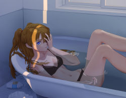 Rule 34 | 1girl, bare arms, bare legs, bathing, bathroom, bathtub, black bra, black panties, blue eyes, bra, breasts, collarbone, commentary, crack of light, dark, english commentary, feet out of frame, hand over eye, highres, indoors, long hair, looking at viewer, lotion bottle, navel, neon genesis evangelion, one eye covered, orange hair, panties, parted lips, partially submerged, phina (jinahou), ripples, unworn shirt, small breasts, solo, souryuu asuka langley, tile floor, tiles, twintails, underwear, underwear only