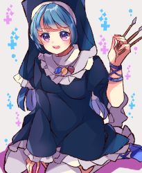 Rule 34 | 1girl, alternate color, alternate costume, arm ribbon, between fingers, blue dress, blue footwear, blue hair, blue headwear, blue ribbon, blue scarf, blush, breasts, brush, commentary request, dress, frills, grey background, grey thighhighs, hand up, haniyasushin keiki, head scarf, highres, holding, jewelry, long hair, long sleeves, looking to the side, magatama, magatama necklace, medium breasts, meimei (meimei89008309), necklace, open mouth, purple eyes, ribbon, scarf, seiza, shoes, sitting, smile, solo, teeth, thighhighs, tongue, touhou, wide sleeves