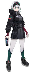 Rule 34 | 1girl, absurdres, black footwear, can, closed mouth, dive to zone, energy drink, fingerless gloves, full body, gloves, green eyes, green legwear, grey hair, headgear, highres, holding, holding can, hood, hood down, kobaji, pouch, power symbol, red gloves, simple background, smile, solo, standing, white background