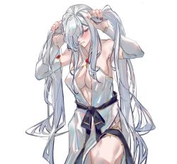 Rule 34 | 1girl, arknights, bare shoulders, black nails, blush, breasts, bridal gauntlets, cleavage, commentary, detached sleeves, dress, fingernails, gladiia (arknights), grey hair, hair over one eye, holding, holding hair, long hair, mirrorwu, nail polish, off-shoulder dress, off shoulder, one eye covered, red eyes, simple background, thighs, very long hair, white background, white dress