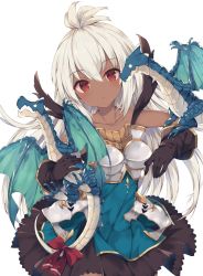 Rule 34 | 10s, 1girl, :&lt;, ahoge, armor, armored dress, bare shoulders, black gloves, blue dress, blush, collarbone, dark-skinned female, dark skin, dragon, dress, eyebrows, gloves, granblue fantasy, hair between eyes, highres, long hair, looking at viewer, nibiiro shizuka, red eyes, red ribbon, ribbon, simple background, solo, strapless, strapless dress, tail, tail ornament, tail ribbon, tsurime, white background, white hair, zooey (granblue fantasy)