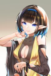 Rule 34 | 1girl, absurdres, arknights, bare shoulders, blue eyes, blue hair, blue hairband, blunt bangs, breasts, brown hair, cleavage, cleavage cutout, clothing cutout, collarbone, commentary request, daqi sama, detached sleeves, dress, eunectes (arknights), evening gown, unworn eyewear, gradient background, grey background, grin, hairband, halter dress, halterneck, hand up, headband, highres, holding, holding removed eyewear, huge filesize, looking at viewer, medium breasts, multicolored hair, nail polish, no bra, parted lips, pink nails, pointy ears, revision, see-through, short hair, sidelocks, smile, solo, upper body, white background, yellow dress