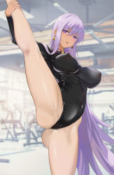 Rule 34 | 1girl, ass, bb (fate), bb (fate) (all), bb (fate/extra), bb (swimsuit mooncancer) (fate), bb (swimsuit mooncancer) (third ascension) (fate), black leotard, blush, breasts, cameltoe, cleft of venus, covered erect nipples, covered navel, dark-skinned female, dark skin, earrings, fate/grand order, fate (series), flexible, highleg, highleg leotard, highres, jewelry, kakumayu, kneepits, large breasts, leg lift, leotard, long hair, long sleeves, looking at viewer, neck ribbon, parted lips, purple eyes, purple hair, ribbon, smile, solo, split, standing, standing on one leg, standing split, star (symbol), star earrings, tan, thighs, very long hair