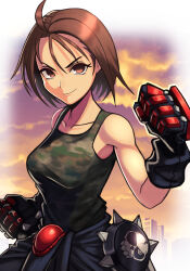 Rule 34 | 1girl, absurdres, ahoge, breasts, brown eyes, brown hair, building, camouflage, camouflage tank top, fighting stance, gloves, highres, justice gakuen, kazama akira, looking at viewer, medium breasts, short hair, silverchariotx, smile, solo, street fighter, street fighter v, sunset