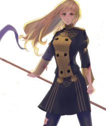 Rule 34 | 1girl, blonde hair, fire emblem, fire emblem: three houses, garreg mach monastery uniform, green background, green eyes, highres, holding lance, holding polearm, ingrid brandl galatea, lance, long hair, looking at viewer, nintendo, ponytail, riou (pooh920), simple background, solo, torn clothes, uniform, weapon