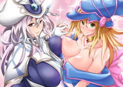 Rule 34 | 2girls, bare shoulders, black eyes, blonde hair, blush, blush stickers, breast press, breasts, cleavage, closed mouth, collar, collarbone, dark magician girl, gloves, green eyes, hair between eyes, hat, highres, holding hands, interlocked fingers, large breasts, lips, looking at viewer, multiple girls, pink background, shiny skin, silent magician, silver hair, smile, symmetrical docking, tokihanatareshi, upper body, wavy hair, white gloves, wizard hat, yu-gi-oh!