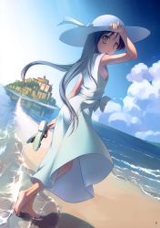 Rule 34 | 1girl, absurdres, armpits, barefoot, beach, black hair, breasts, brown eyes, cloud, day, dress, dutch angle, feet, from side, hand on headwear, hat, highres, holding, holding shoes, long hair, looking back, mont st-michel, no bra, ocean, original, outdoors, sandals, shoes, unworn shoes, sideboob, sky, small breasts, solo, sun hat, sundress, takoyaki (roast), town, water