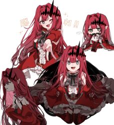 Rule 34 | ..., 1girl, absurdres, baobhan sith (fate), baobhan sith (first ascension) (fate), bare shoulders, black bow, blush, boots, bow, breasts, cernunnos (fate), chibi, detached sleeves, dress, fang, fate/grand order, fate (series), frilled dress, frills, from side, full body, grey eyes, gyaru v, hair ornament, hand on own chest, highres, hugging object, long hair, looking at viewer, multiple views, nail polish, neko (h i05), one eye closed, open mouth, pointy ears, red dress, red footwear, red hair, red nails, sidelocks, sitting, skin fang, smile, speech bubble, stuffed toy, sweatdrop, tearing up, thigh boots, upper body, v, wariza, white background