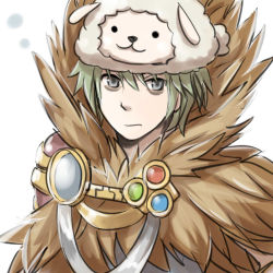 Rule 34 | 1boy, bags under eyes, closed mouth, commentary request, expressionless, fur collar, green hair, grey eyes, grey shirt, hair between eyes, looking at viewer, male focus, natsuya (kuttuki), ragnarok online, sheep hat, shirt, short hair, simple background, solo, sorcerer (ragnarok online), upper body, white background