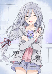 Rule 34 | blush, closed eyes, date a live, grey hair, hair ribbon, happy, highres, holding, holding stuffed toy, jacket, long hair, open clothes, open jacket, open mouth, ribbon, shorts, smile, stuffed animal, stuffed toy, takamiya mio, third-party source, tsunako