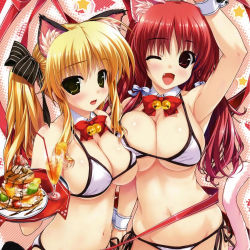 Rule 34 | 2girls, animal ears, arm up, asymmetrical docking, bell, bikini, blonde hair, bow, bowtie, breast press, breasts, cat ears, cat tail, cropped, dessert, detached collar, drink, fang, food, green eyes, halterneck, halterneck, holding, jingle bell, large breasts, long hair, looking at viewer, multiple girls, navel, open mouth, oshiki hitoshi, prism recollection!, red eyes, red hair, renjou sayaka, ribbon, shintarou, side-tie bikini bottom, sidelocks, swimsuit, tail, tray, twintails, uisaki hinano, wings