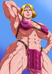 Rule 34 | 1girl, arm behind head, arm up, armor, armpit crease, bikini armor, blonde hair, blue eyes, breasts, commission, gagaran, hair intakes, hand on own hip, huge breasts, large breasts, lips, looking at viewer, muscular, muscular arms, muscular female, muscular legs, numahana, overlord (maruyama), skeb commission, smile, standing, thick thighs, thighs, underboob